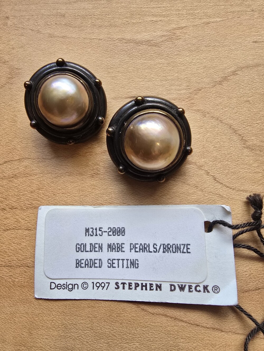 Stephen Dweck Bronze Beaded Earrings with Golden Mabe Pearls